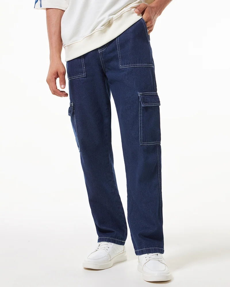 بيواكوف Men's Blue Washed Straight Fit Cargo Mid-Rise Jeans